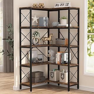 Tribesigns Corner Bookshelf, Large Modern Corner Bookcase, Tall Corner Shelf Storage Display Rack with Metal Frame for Living Room Home Office (Rustic Brown) (5-Shelf)