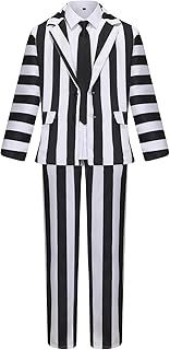 Black and White Costume Suit Men Adult Vertical Strip Jacket Halloween Costumes Scary Movie Character Cosplay Outfit