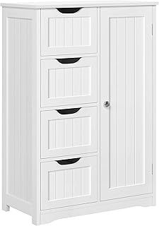 Yaheetech Bathroom Floor Cabinet Cupboard Free Standing Wooden Cabinet Storage Unit with 4 Drawers & 1 Door, Adjustable Shelf, White