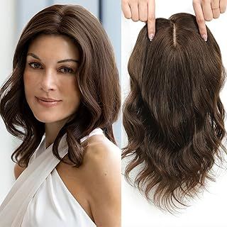 Hair Toppers for Women Real Human Hair 14inch Remy Human Hair Toppers for Women Skin Scalp Curly Wavy Wiglets Remy Hair Toppers Clip in Hair Extensions 8.5 * 8inch Big Base(Medium dark brown)
