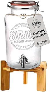 Glass Drink Dispenser with Tap – 5L Mason Jar Beverage Container with Stainless Steel Spigot – Water Dispenser with Tap for Juice, Iced Tea, Cocktail, Picnic, BBQ, Parties, Counter