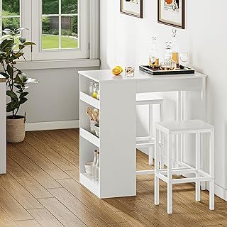 YITAHOME Breakfast Bar Table, Bar Table Set with Bar Stools, 2, Bar Table and Stools Set Dining Bar Tables Footrest and Storage Shelf for Kitchen Dining Room Pub Industrial Steel Frame(White)