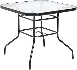 Panana 80cm Square Garden Dining Table with Parasol Hole, Outdoor Coffee Table with Tempered Glass Tabletop, Metal Frame for Backyard, Patio, Balcony