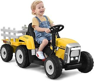 Maxmass Kids Electric Tractor and Trailer, Ride on Tractor with USB & Bluetooth, Toddler 4 Wheels Ride on Toy Car for 3+ Years (Yellow with Remote Control)