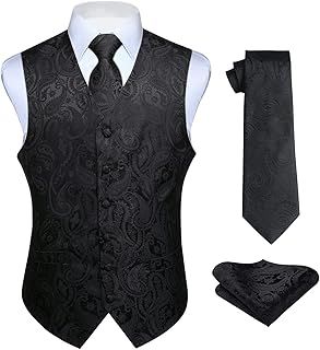 Men's Paisley Waistcoat Floral Jacquard Necktie Pocket Square Handkerchief Wedding Party Business Fit Vest Suit Set XS-6XL