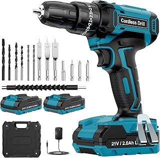 Cordless Drill Set 21V, Cordless Hammer Drill with 2 Batteries 2000mAh, 25+3 Torque, 42N.m Max ElectricDrill, 14 PCS DrillBits, 2 Speed, LED Light for Home and Garden DIY Project