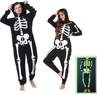 Adult Skeleton Luminous Onesies Costumes,Halloween Matching Family Pyjamas Zippered Hoody Onesie for Men and Women