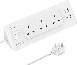 Extension Lead with 4 USB (2 USB C), ANVODE 3 Way Plug Extension Power Board with Switch, Multi Extension Socket Surge Protection with 2M Extender Cable for Home Office Dorm, White