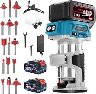 Yofuly Cordless Wood Palm Router Tool for Makita 18V Battery, Trim Router with 2PCS 4.0Ah Batteries & Charger, 800W 30000 RPM Brushless Power Hand Routers for Woodworking with 15PCS 1/4" Router Bits