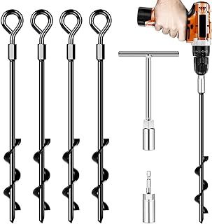 Ground Anchors Screw in, Heavy Duty Tent Pegs Trampoline Pegs, Tent Pegs for Camping Tent, Canopies, Carports, Sheds, Swing Sets,14in Ground Anchors for High Winds (4Pack)