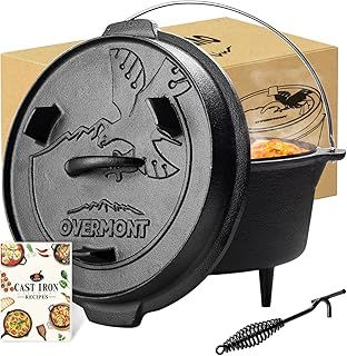 OVERMONT 5.7L/6 Quart(Pot body+lid) All-Round Dutch Oven Dual Function Lid Griddle with Lid Lifter Camping Pre Seasoned Cast Iron Pot