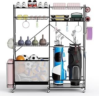GYMAX Garage Sports Equipment Organizer, Ball Storage Rack with Wheels, 5 Adjustable Shelves and 13 Detachable Hooks, Basketball Football Gear Holder, Indoor Outdoor Storage Cart for Golf Bag