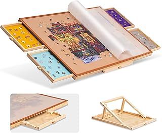 Tektalk Leather Puzzle Table with Storage & Sorting Trays Wooden Jigsaw Puzzle Table Plateau Portable Puzzle Board with Bracket and Cover, for Up to 1000/1500 Pieces