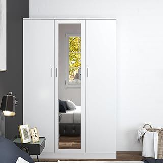 3 Doors Mirrored Wardrobe for Bedroom Bedroom Furniture Robe with 6 Storage Compartments, Hanging Rail, 115.4 x 50 x 180 cm (White)