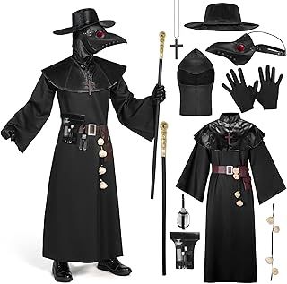 Spooktacular Creations Men Plague Doctor Black Costume Set with Hat, Mask, Shawl, Robe, Gloves, Belt, Garlic, Scepter (Large)