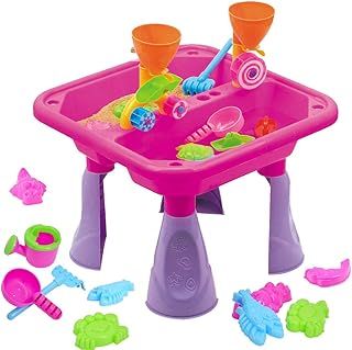Sand and Water Table, 23-Piece Set, Pink – Includes Watering Can & Accessories, Two Compartments & Drainage – Kids Outdoor Play Equipment for Messy Sandpit Play for Boys & Girls