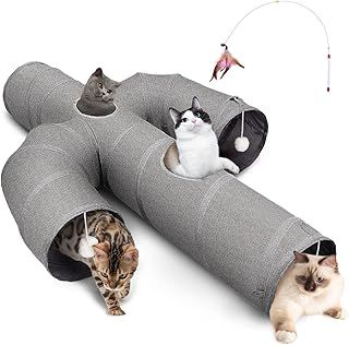 Cat Tunnel, Larger Cactus Shape Pet Tunnel with Sturdy Oxford Fabric, Foldable and Resistant to Tearing, Featuring Multiple Exits, Hanging Ball and Teaser Wand,Grey, 30cm Diameter