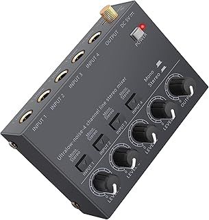LiNKFOR 4 Channel Audio Mixer Ultra compact Low-noise Stereo Audio Mixer Metal Shell with Separate Volume Adjustment Power Switch for Microphones Guitars Bass Keyboards Stage Mixer