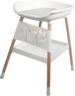 simpa Height Adjustable Baby White Changing Table with Grey Changing Pad, Storage Pouch and Large Storage Rack.