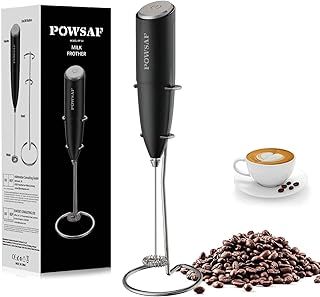 Milk Frother Handheld for Coffee with Stand - POWSAF Hand frother Wand, Electric Whisk Drink Mixer Mini Foamer for Cappuccino, Frappe, Matcha, Hot Chocolate, Silver/Black