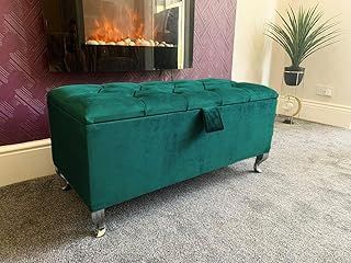 Ottoman Storage Box - Engineered Wood Fabric Buttons Luxurious Plush Velvet Ottoman Storage Bench, Perfectly Designed Ottoman for Bedroom Storage (Green Plush, Legs)