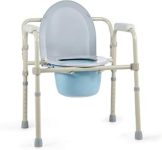 Lightweight Foldable Bedside Commode w Removable Bed Pan, Portable Chair with Build-in Toilet for Disabled People The Elderly & Others up to 136kg, Adjustable Height Folding Stool