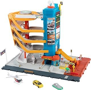 Matchbox Toy Vehicles & Playset, Transportation Center with 5 Levels, Kid- & Car-Activated Features, Includes 1:64 Scale Taxi, Boat & Helicopter & Food Vendor Accessory, HXL47