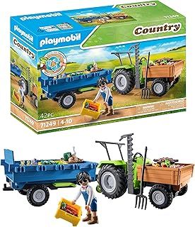 Playmobil Country 71249 Harvester Tractor with Trailer incl. transport boxes, Green tractor for the organic farm, Sustainable toy for children ages 4+