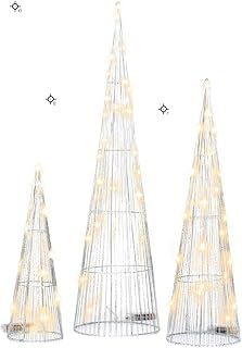 Christmas Village 3pc Light Up LED Christmas Glitter Tree Cones, Xmas Tinsel Cone Pyramids with LED Light for Home Decor Window Display