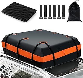 COSTWAY 15/21 Cubic Feet Car Roof Bag, 100% Waterproof Roofing Cargo Carrier with Anti-Slip Mat, Combination Lock & Straps, Rooftop Luggage Storage Box (No Lock, Black+Orange, 21 Cubic Ft/600L)