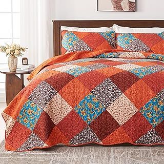 Qucover Quilted Bedspread Super King, Multicolour Print Red Orange Blue Patchwork Quilt with 2 Pillow Shams, All Seasons Lightweight Soft Microfiber Floral Reversible Coverlet Set, 250x270cm