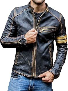 Real Leather Jacket Mens | Cafe Racer Black Leather Motorcycle Jacket | With Distressed Vintage Detail