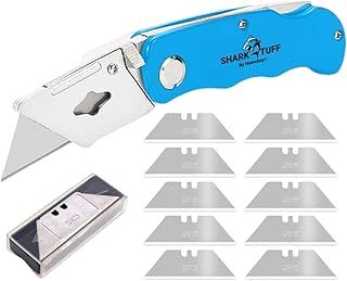 Shark-Tuff® Heavy Duty Folding Utility Knife with 10 Spare SK5 Blades | All Metal Sharp Craft Tradesman Camping Pocket Knife Cardboard Box Cutter with Belt Clip & Safety Lock UK Legal