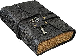 Embossed Leather Journal with Antique Key Vintage Look Pages Handmade Sketchbook Travel Journal Notebook Book of Shadows Leather grimoire (Black, 7x5 Inch)