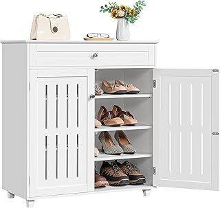 White Shoe Cabinet with Drawer, Modern Shoe Storage Cabinet Organizer with 2 Louvered Doors, Wooden 4-Tier Shoe Cupboard Shoe Rack with Adjustable Shelves for Entryway Hallway Bedroom Closet