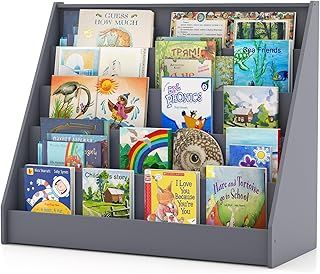 GYMAX Kids Bookcase, 5-Tier Children Bookshelf with Deep Compartments, Wooden Toddler Book Storage Rack for Kid's Room Nursery Kindergarten (Grey)