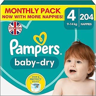 Pampers Baby-Dry Size 4, 204 Nappies, 9kg-14kg, With A Stop & Protect Pocket at the back for up to a 100% Leak-Free Night