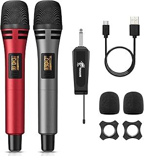 TONOR TW320 Wireless Microphones, 2x UHF Cordless Handheld Dynamic Mics with 6.35mm Rechargeable Receiver, 200ft. Range, 5 Adjustable Channels for Karaoke, Singing, DJ, Party, Speech, Red& Grey