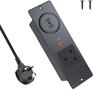 Recessed Power Socket with 15W Wireless Charger, Haiaoyyds Desk Power Socket with UK Plugs, 2 USB Ports, 2M Cable, Furniture Recessed Socket for End Table, Sofa, Cabinet