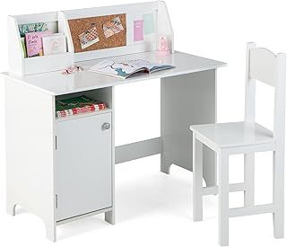 COSTWAY Kids Desk and Chair Set, Wooden Children Study Table with Storage Cabinet, Cork Board, School Students Workstation for Studying, Reading and Drawing