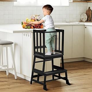 COSYLAND Toddler Kitchen Step Stool Tower - Nursery Step Stool for Kids Mothers' Helper - Solid Bamboo Learning Stool Standing Tower for Kitchen Counter (Black)