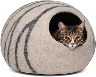 MEOWFIA Cat Bed Cave Premium Felt - Handmade 100% Merino Wool Bed for Cats and Kittens (Light Shades) (Medium, Light Grey)