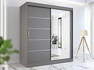 RAC3 Race to Road Stylish Bedroom Sliding Wardrobe with LED Light - Ample Storage Space and Sleek Design comes in White/Grey/Black/Oak and Width 150cm/180cm/203cm/250cm (Grey, 203cm)