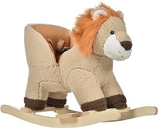 HOMCOM Kids Children Rocking Horse Plush Ride On Lion Seat w/Sound Wood Base Seat Safety Belt Toddler Baby Toy for 18-36 Months Brown