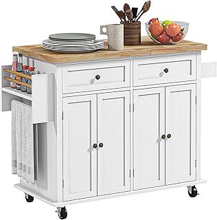 HOMCOM Rolling Kitchen Island Storage Trolley with Rubber Wood Top & Drawers for Dining Room, White