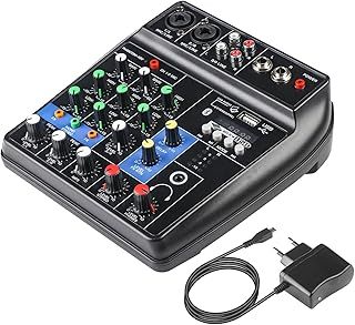 Audio Mixer 4 Channel, Mixing Board Console With DJ Mixer, Sounds Mixer for Streaming, Usb Audio Interface and 48V Phantom Power Mixer, DJ Studio Sound Board with FX Reverb Delay Effect.