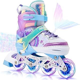 Mermaid 4 Size Adjustable Inline Skates for Girls with 8 Light up Wheels, Purple Blue Roller Blades for Kids Youth, Beginner Skates Indoor Outdoor