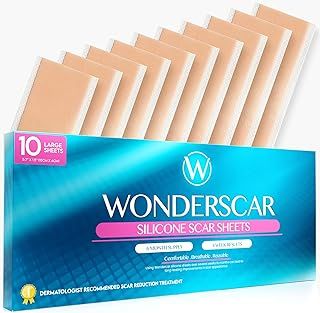 WONDERSCAR™ 10 Large Silicone Scar Sheets (5.7" x 1.6") Medical Grade Recovery Treatment. Keloid Bump Tape. Removal of C-Section, Burn, Stretch Marks, Acne. Reusable Gel Strips with Stick Pad Patches