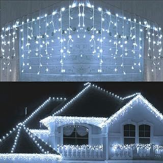 Icicle Christmas Fairy Lights Waterproof Outdoor/Indoor use. ICY Cool White 120 LED 4M Wide 24 Drops Plus a Massive 10M Lead Cable, 8 Modes, Low Safe Voltage