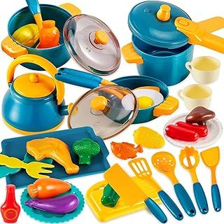 Toy Kitchen Accessories Play Pots and Pans, Cooking Set for Children, Pretend Role Play Food Cookware Playset Gifts for 3+ 4 5 6 Years Old Kids Toddler Boys Girls